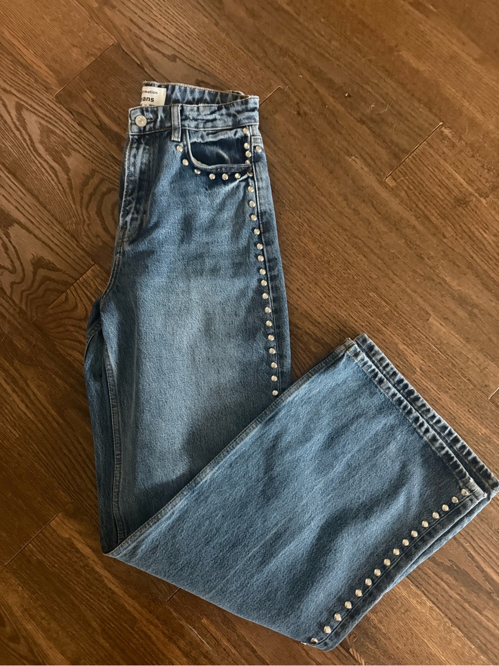 Reformation Blue Straight-Leg Jeans with Stud Trim